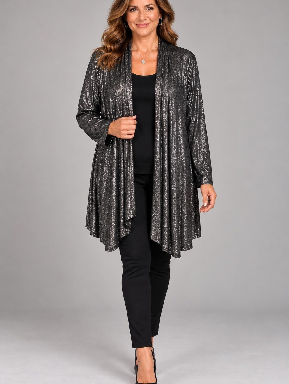Alya Black Silver Metallic Shimmer Draped Open Front Cardigan L A349